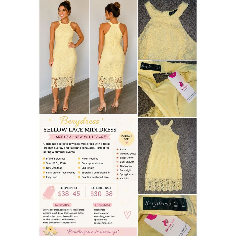 NWT Yellow Lace Midi Dress Floral Crochet Cocktail Dress Size 8 Wedding Guest Dr